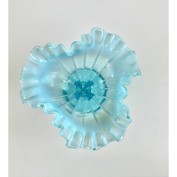 Vintage Fenton For LG Wright Blue Opalescent Beaded Footed Ruffled Edge Compote - Picture 10 of 14